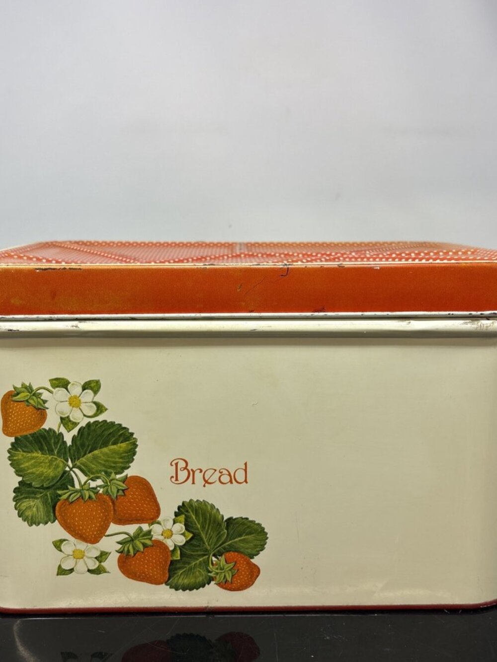 Cheinco Metal Tin Bread Box 13.5x9.5x8"h Strawberries & Leaf Red Lid Vintage MCM